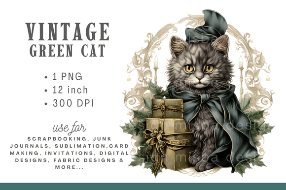Download Green Vintage Christmas Cat Clipart - Premium Bundle