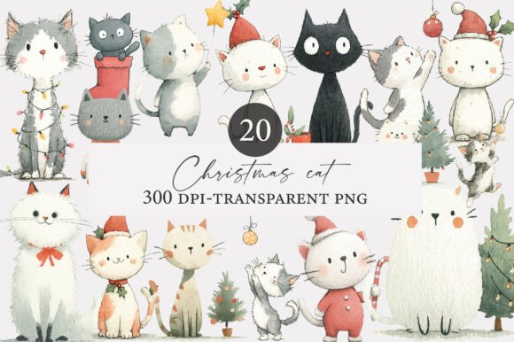 Download Watercolor Christmas Cat Clipart - Premium Resources