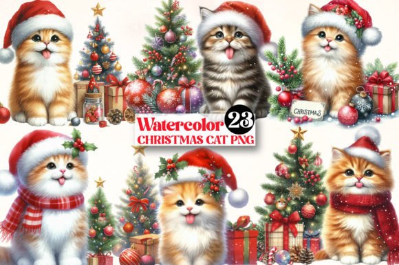 Download Watercolor Christmas Cat Clipart - Premium Bundle