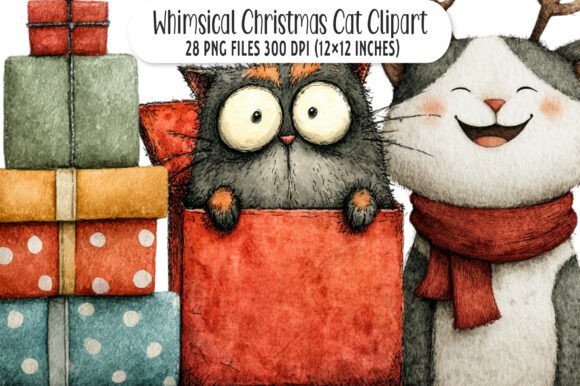 Download Whimsical Christmas Cat Clipart - Premium Bundle
